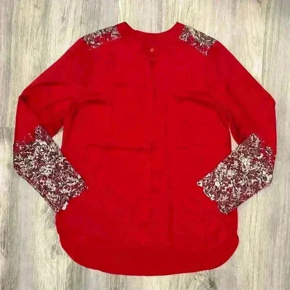 Venus Red Satin Black Crochet Lace Button Up Top Long Sleeve Blouse Size 12